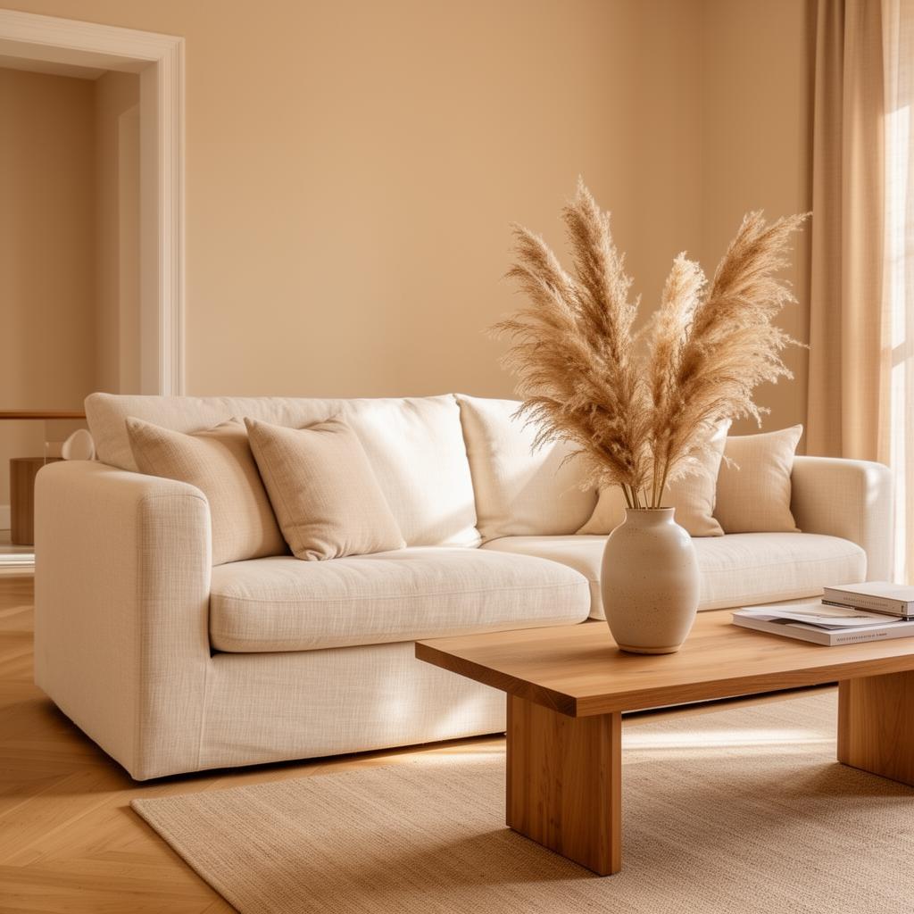 Beautiful modern living room with warm neutral furniture